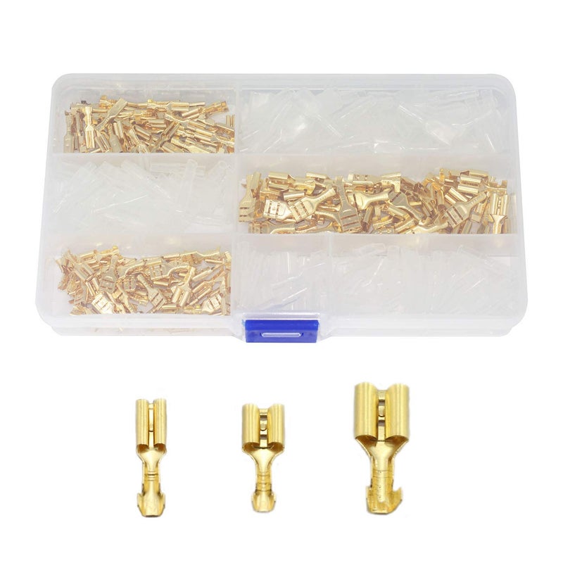 RLECS 150pcs 2.8mm 4.8mm 6.3mm Female Spade Connector Brass Crimp Terminal Connector with Insulating Sleeves Assorted Kit Cold-Pressed Terminal Gold - Image 1